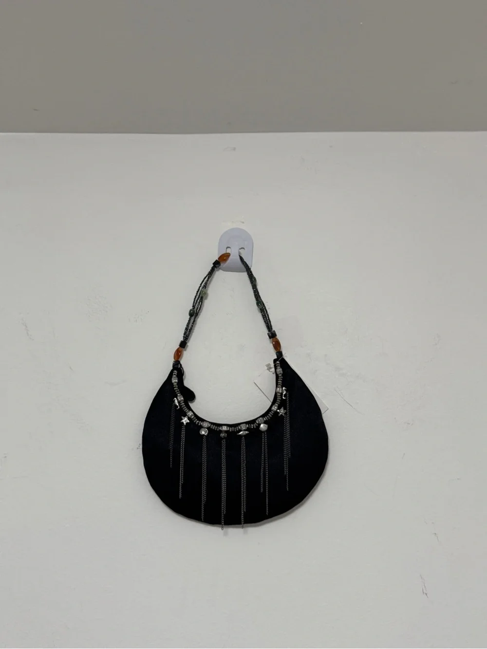 Y2K SAVANNA Small Black Beaded Shoulder Bag Boho Chain Tassel Purse